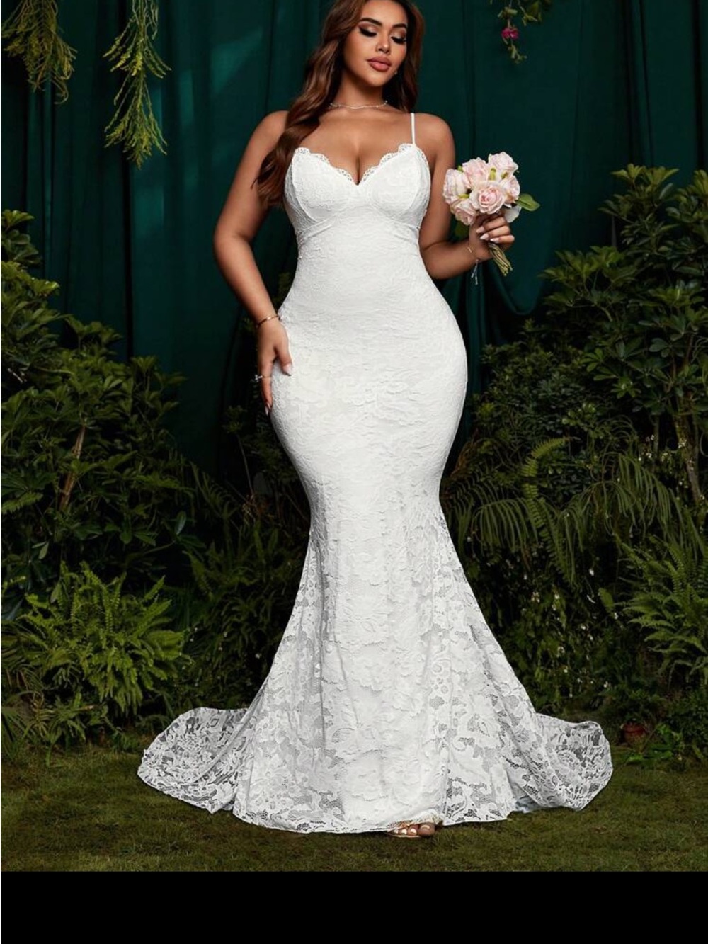 SHEIN White Lace Spaghetti-Strap Mermaid Wedding Dress